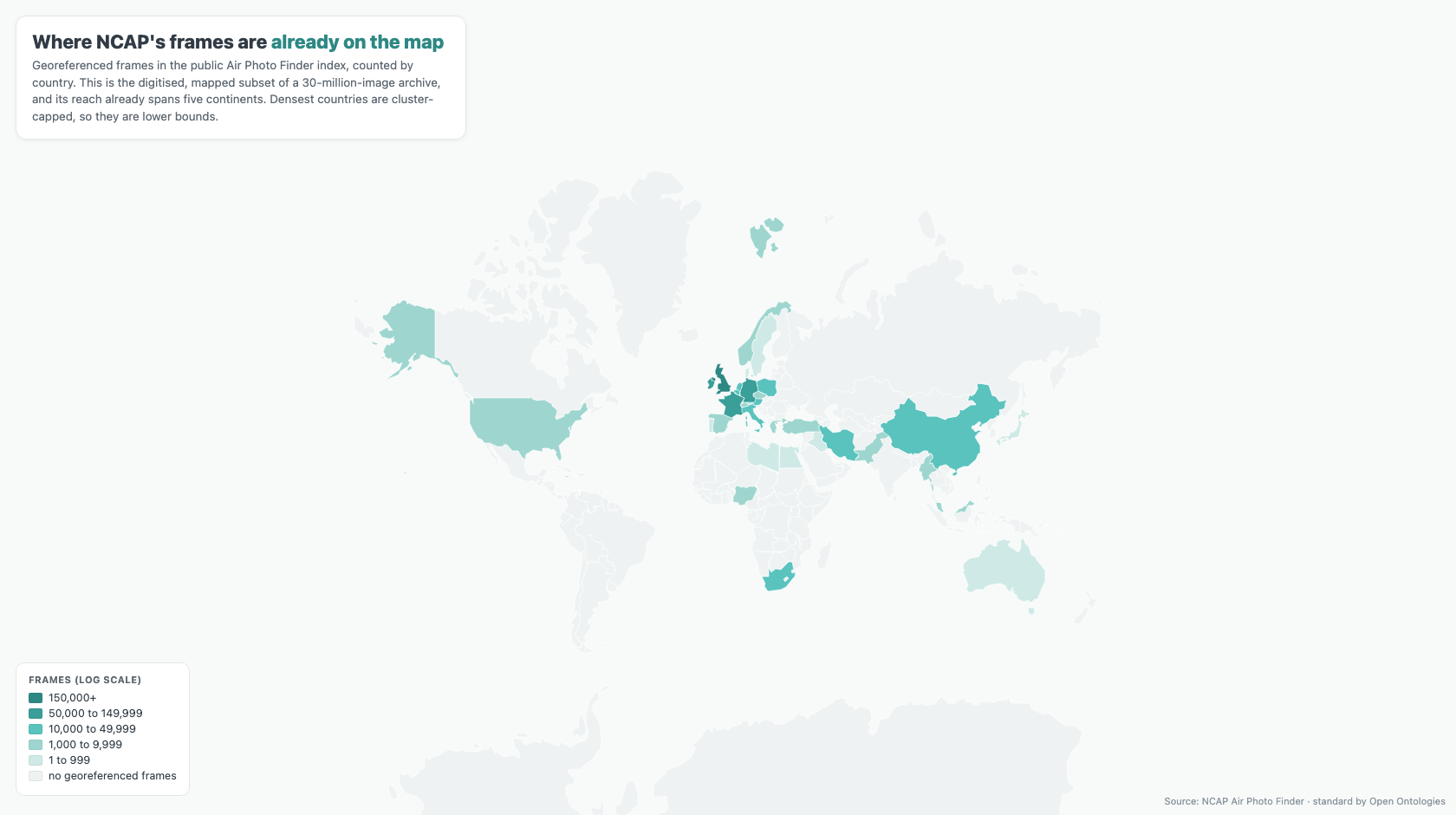 World choropleth of NCAP's georeferenced frames by country, on a log scale. The United Kingdom, France and Germany are densest; the reach also covers Iran, China, South Africa, Nigeria, the Caribbean, Australia and more, spanning five continents.