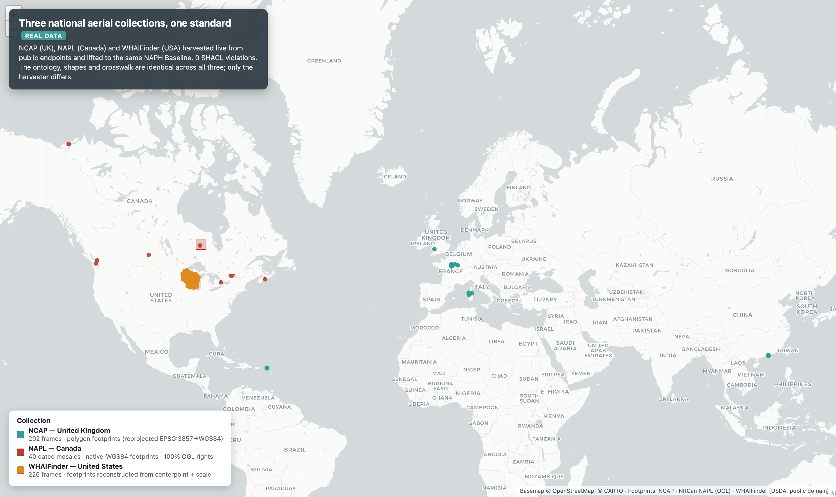 World map showing three national aerial photography collections harvested live and lifted to one NAPH Baseline: NCAP (United Kingdom) in teal, NAPL (Canada) in red, and WHAIFinder (United States, Wisconsin) in amber. Same ontology, shapes and crosswalk across all three; only the harvester differs.