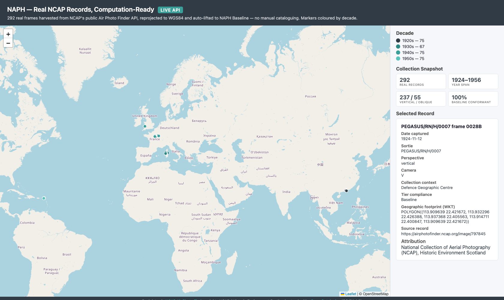 Interactive map of 292 real aerial photography frames from the NCAP collection, positioned by reprojected WGS84 footprint and coloured by decade, spanning 1924 to 1956 across the globe.